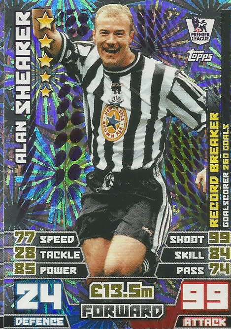 ALAN SHEARER - TOPPS EPL MATCH ATTAX 2014/2015 - FOIL "RECORD BREAKER" TRADING CARD 421