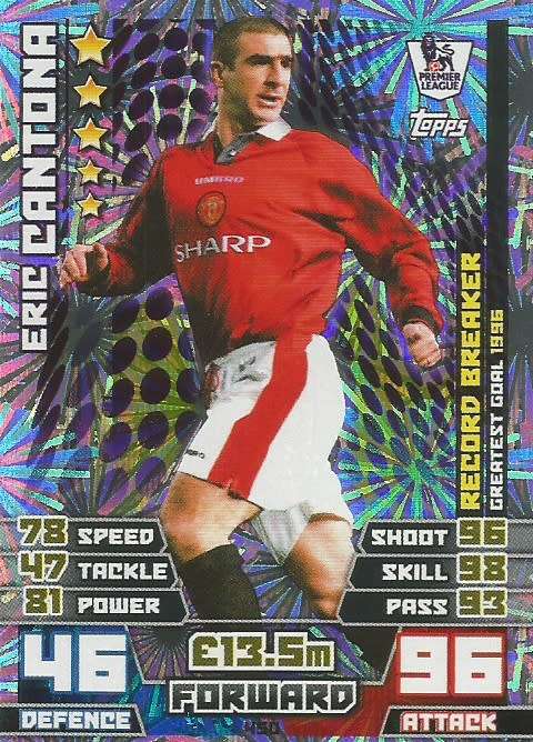 ERIC CANTONA - TOPPS `MATCH ATTAX EPL ` 2014/2015 - FOIL `RECORD BREAKER` TRADING CARD 450