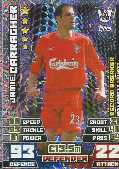 JAMIE CARAGHER - TOPPS EPL MATCH ATTAX 2014/2015 - FOIL "RECORD BREAKER" TRADING CARD 437