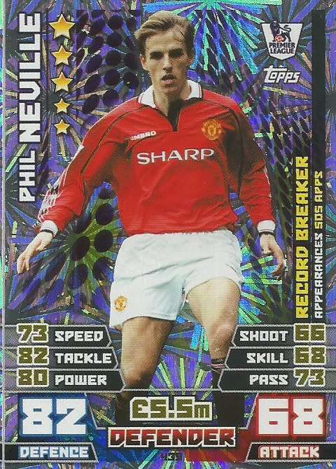 PHILL NEVILLE - TOPPS EPL MATCH ATTAX 2014/2015 - FOIL "RECORD BREAKER" TRADING CARD 439