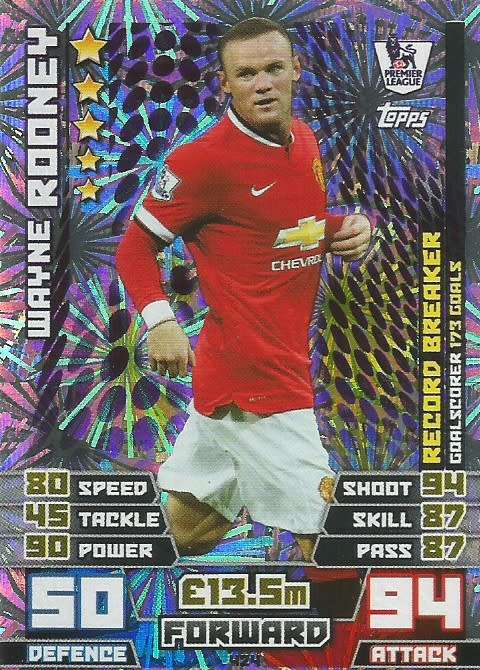 WAYNE ROONEY - TOPPS EPL MATCH ATTAX 2014/2015 - FOIL "RECORD BREAKER" TRADING CARD 424