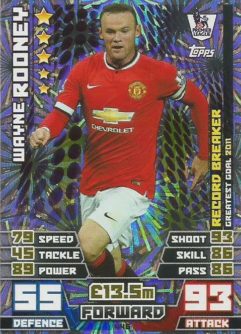 WAYNE ROONEY -TOPPS  EPL MATCH ATTAX 2014/2015 - FOIL "RECORD BREAKER" TRADING CARD 446