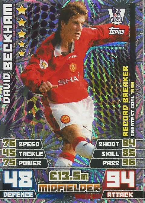 DAVID BECKHAM - TOPPS EPL MATCH ATTAX 2014/2015 - FOIL `RECORD BREAKER` TRADING CARD 447