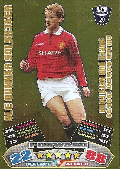 OLE GUNNAR SOLSKJAER - TOPPS EPL MATCH ATTAX 2011/2012 - GOLD `GOLDEN MOMENT` TRADING CARD GM17