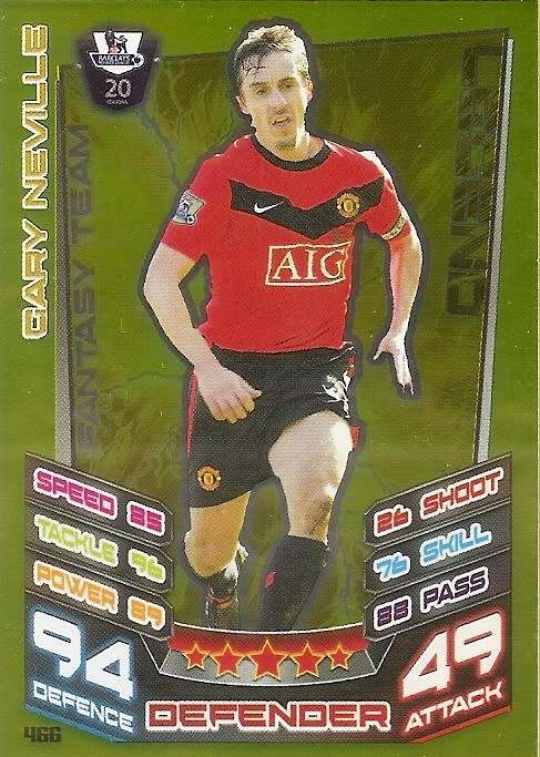 GARY NEVILLE - TOPPS EPL MATCH ATTAX 2012/2013 - GOLD `LEGEND` TRADING CARD 466