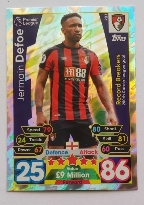 JERMAINE DEFOE - TOPPS MATCH ATTAX `EXTRA` 2016 - FOIL `RECORD BREAKER` TRADING CARD RB1