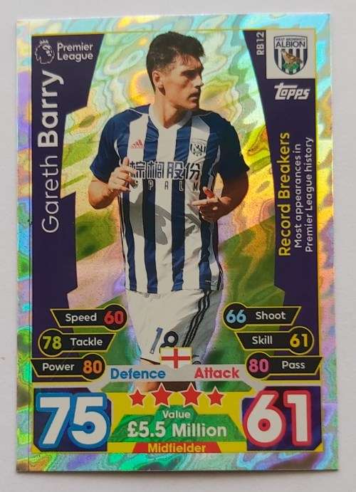 GARETH BARRY - TOPPS MATCH ATTAX `EXTRA` 2016 - FOIL `RECORD BREAKER` TRADING CARD RB12