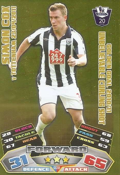SIMON COX - TOPPS MATCH ATTAX `EXTRA` 2012 - GOLD `GOLDEN GOAL` TRADING CARD GG18