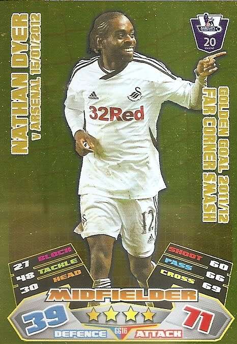 NATHAN DYER - TOPPS MATCH ATTAX `EXTRA` 2012 - GOLD `GOLDEN GOAL` TRADING CARD GG16