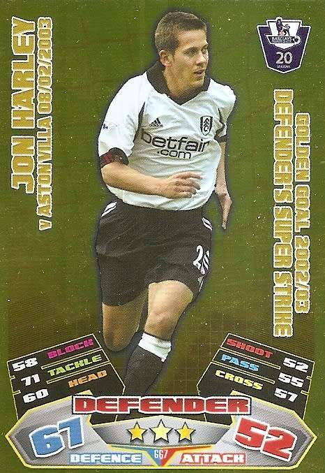 JON HARLEY - TOPPS MATCH ATTAX `EXTRA` 2012 - GOLD `GOLDEN GOAL` TRADING CARD GG7