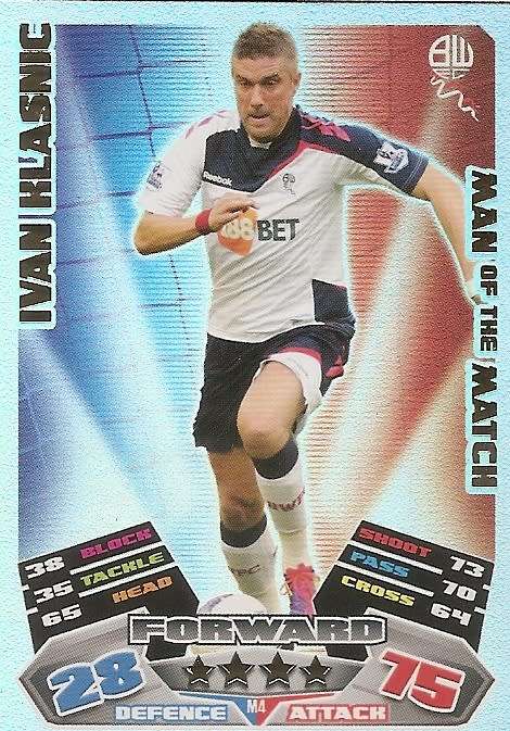 IVAN KLASNIC - TOPPS MATCH ATTAX `EXTRA` 2012 - FOIL `MAN of the MATCH` TRADING CARD M4