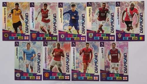 DIAMOND  - PANINI EPL Adrenalyn XL 2021 - COMPLETE SET of 9 FOIL TRADING CARDS 397 to 405