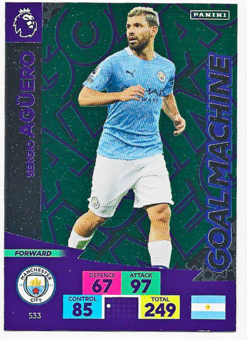 SERGIO AGUERO - ENGLISH PREMIER LEAGUE `PLUS` 2020/2021 - GREEN FOIL `GOAL MACHINE` TRADING CARD 533