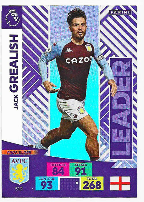 JACK GRELISH - ENGLISH PREMIER LEAGUE `PLUS` 2020/2021 - MAUVE FOIL `LEADER` TRADING CARD 512