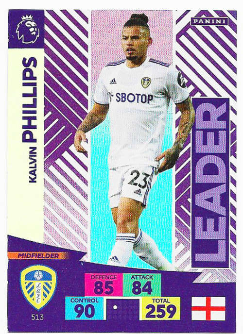KALVIN PHILLIPS - ENGLISH PREMIER LEAGUE `PLUS` 2020/2021 - MAUVE FOIL `LEADER` TRADING CARD 513