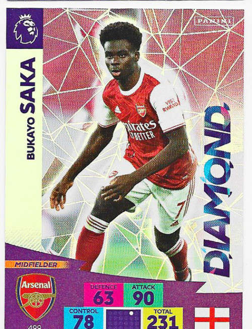 BUKAYO SAKA - ENGLISH PREMIER LEAGUE PLUS 2020/2021 - SILVER FOIL `DIAMOND` TRADING CARD 499