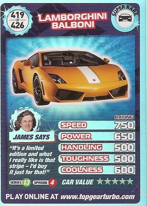 TOP GEAR TURBO CHALLANGE `EXTRA` - LAMBORGHINI BALBONI `SUPER RARE` TRADING CARD 419