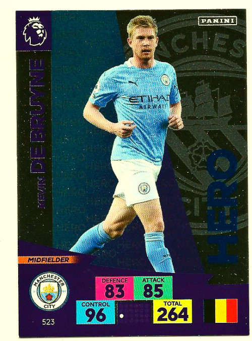 KEVIN DE BRUYNE - ENGLISH PREMIER LEAGUE `PLUS` 2020/2021 - SILVER FOIL `HERO` TRADING CARD 523