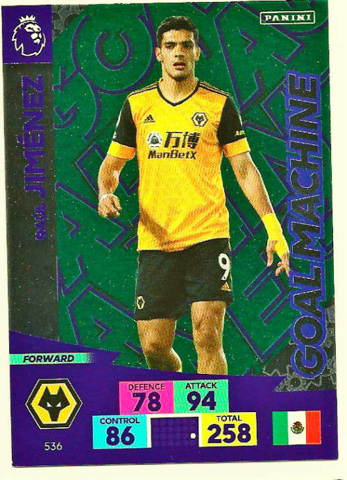 RAUL JIMINEZ - ENGLISH PREMIER LEAGUE `PLUS` 2020/2021 - GREEN FOIL `GOAL MACHINE` TRADING CARD 536