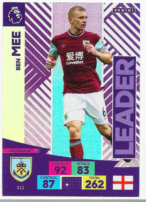 BEN MEE - ENGLISH PREMIER LEAGUE `PLUS` 2020/2021 - MAUVE FOIL `LEADER` TRADING CARD 511