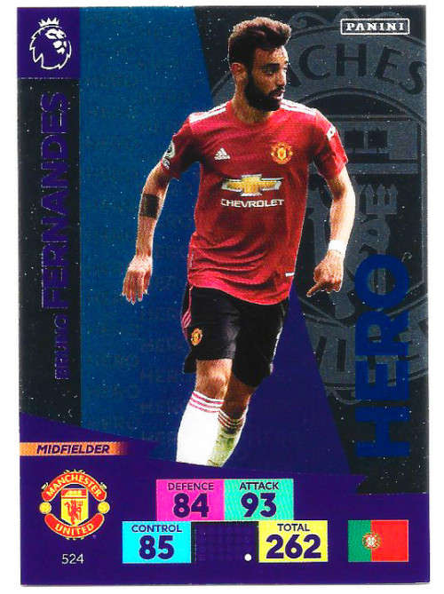 BRUNO FERNANDES - ENGLISH PREMIER LEAGUE `PLUS` 2020/2021 - SILVER FOIL `HERO` TRADING CARD 524