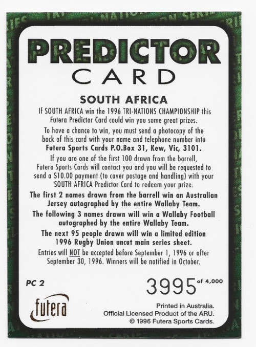 SPRINGBOKS - FUTERA RUGBY 1996 COLLECTION - `HOBBY` GOLD `PREDICTOR` CARD PC2 3995 of 4000