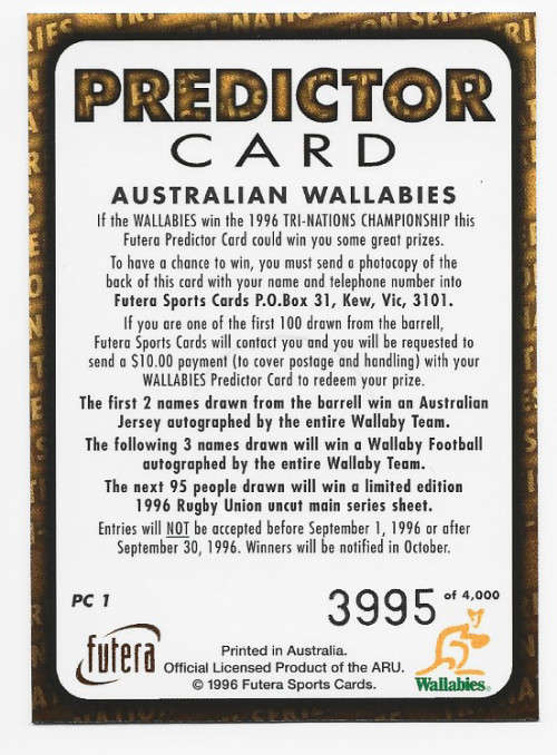AUSTRALIA - `FUTERA RUGBY 1996` - `HOBBY` GOLD EMBOSSED `PREDICTOR` CARD PC1 3995 of 4000