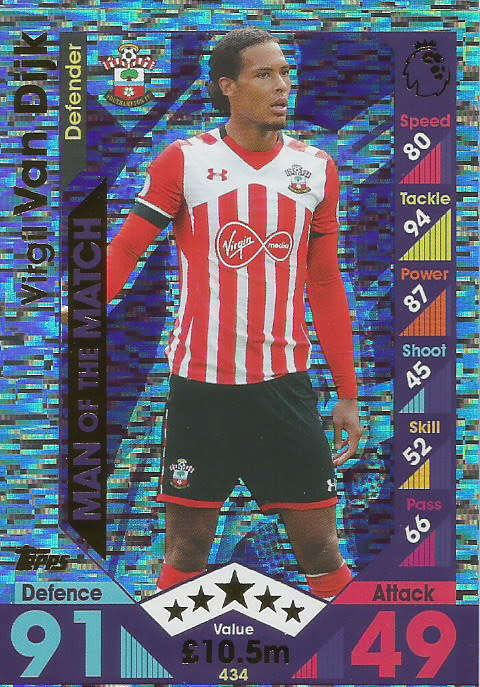 VIRGIL VAN DIJK - TOPPS MATCH ATTAX 2016/2017 - `MAN of the MATCH` FOIL CARD
