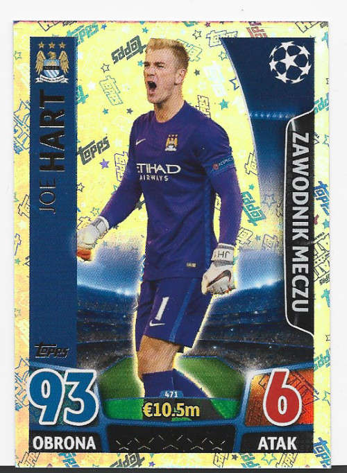 JOE HART - CHAMPIONS LEAGUE  2015/16 - TOPPS - `MAN of the MATCH` TRADING CARD - POLISH EDITION