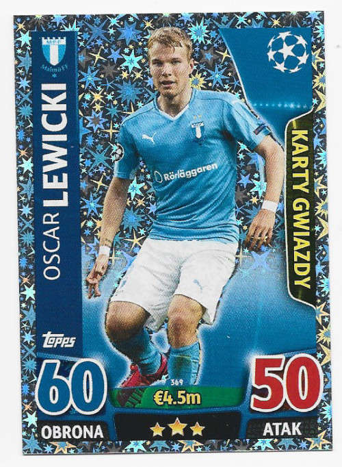 OSCAR LEWICKI - CHAMPIONS LEAGUE  2015/16 - TOPPS - `STAR PLAYER` TRADING CARD - POLISH EDITION