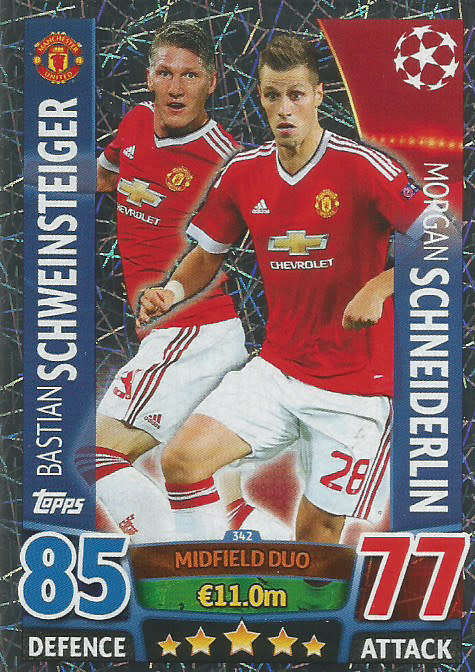 MANCHESTER UNITED FC - CHAMPIONS LEAGUE  2015/16 - TOPPS - `TEAM DUO` FOIL TRADING CARD