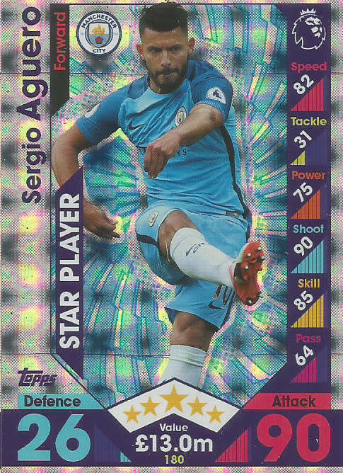 SERGIO AGUERO - TOPPS MATCH ATTAX EPL 2016/2017 - `STAR PLAYER` FOIL TRADING CARD