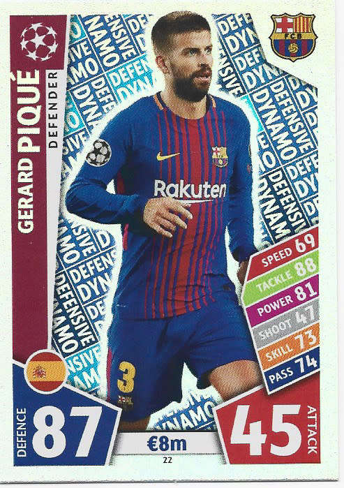 GERARD PIQUE - TOPPS CHAMPIONS LEAGUE 2017/2018 -  `DEFENDER` FOIL TRADING CARD 22