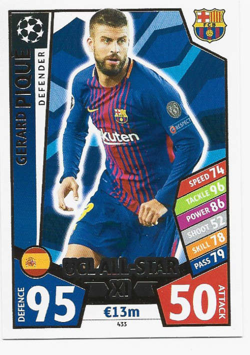 GERARD PIQUE - TOPPS CHAMPIONS LEAGUE 2017/2018 -  `UCL ALL STAR XI` FOIL TRADING CARD