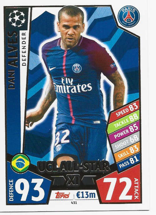 DANI ALVES - TOPPS CHAMPIONS LEAGUE 2017/2018 -  `UCL ALL STAR XI` FOIL TRADING CARD