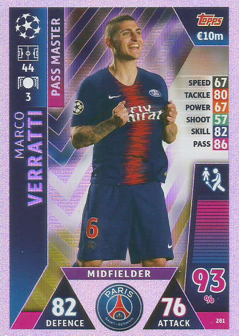 MARCO VERRATTI  - CHAMPIONS LEAGUE 2018/19 -  `PASS MASTER` FOIL TRADING CARD 281