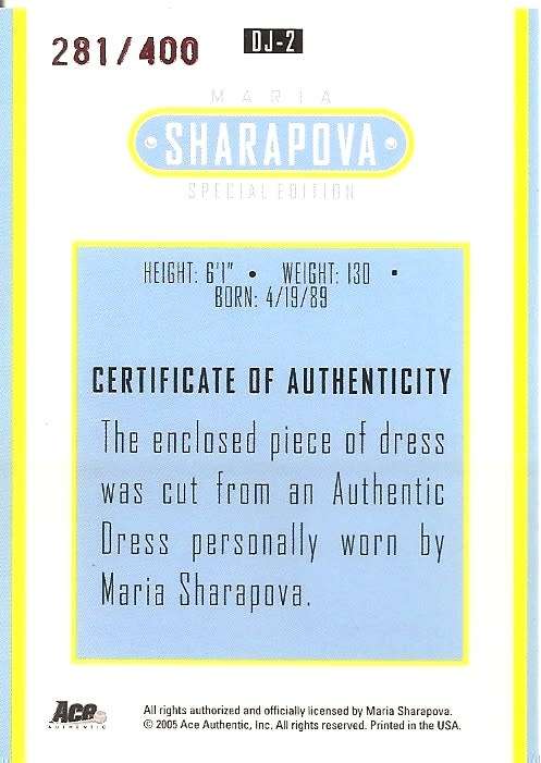 MARIA SHARAPOVA - ACE AUTHENTIC 05 `SPECIAL EDITION` - RARE DUAL `MEMORABILIA` CARD 281/400