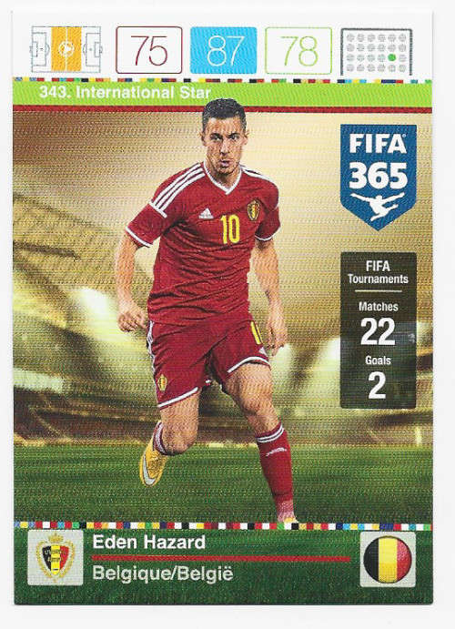EDEN HAZARD - PANINI `FIFA 365` 2016 EDITION - `INTERNATIONAL STAR` TRADING CARD