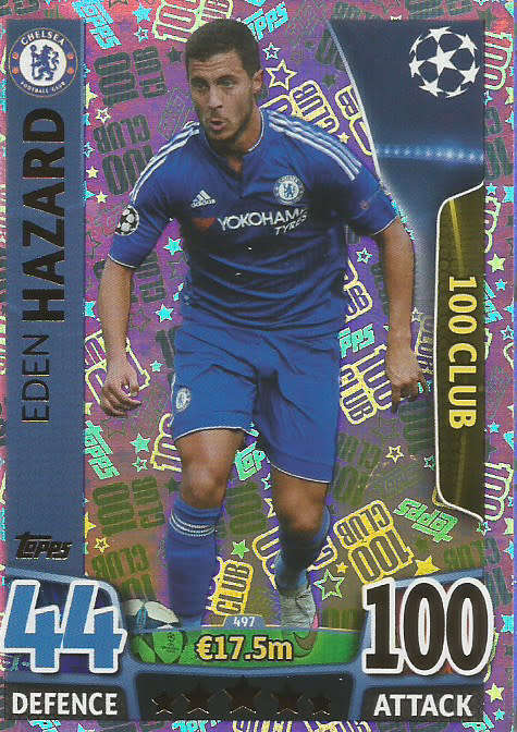 EDEN HAZARD - TOPPS `CHAMPIONS LEAGUE`  2015/16 - FOIL `CLUB 100` TRADING CARD