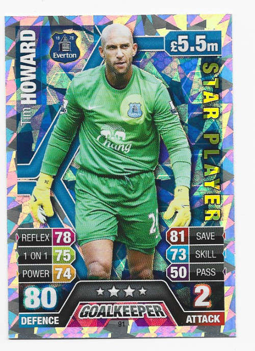 TIM HOWARD - TOPPS `MATCH ATTAX` 2013/2014 - `STAR PLAYER` FOIL TRADING CARD 91 UK