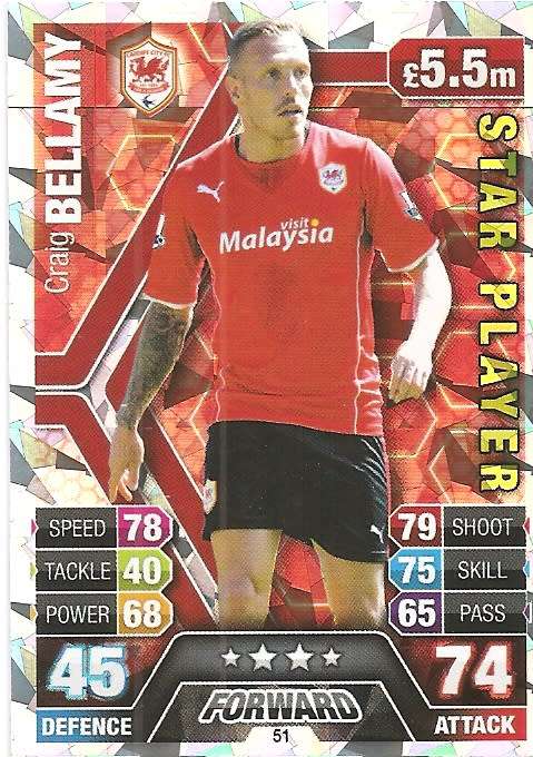 CRAIG BELLAMY - TOPPS `MATCH ATTAX` 2013/2014 - `STAR PLAYER` FOIL TRADING CARD 51 UK