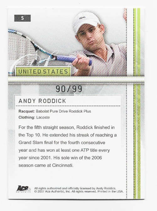 ANDY RODDICK - TENNIS `ACE AUTHENTIC` 2007 - `SILVER` PARALLEL BASE TRADING CARD 90 of 99