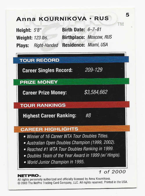 ANNA KOURNIKOVA - NETPRO `ELITE` TENNIS 2003 (International) - RARE ROOKIE  TRADING CARD 1 of 2000