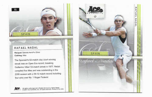 RAFAEL NADAL  - ACE AUTHENTIC "STRAIGHT SETS" 2007 TENNIS COLLECTION - BASE TRADING CARD 31