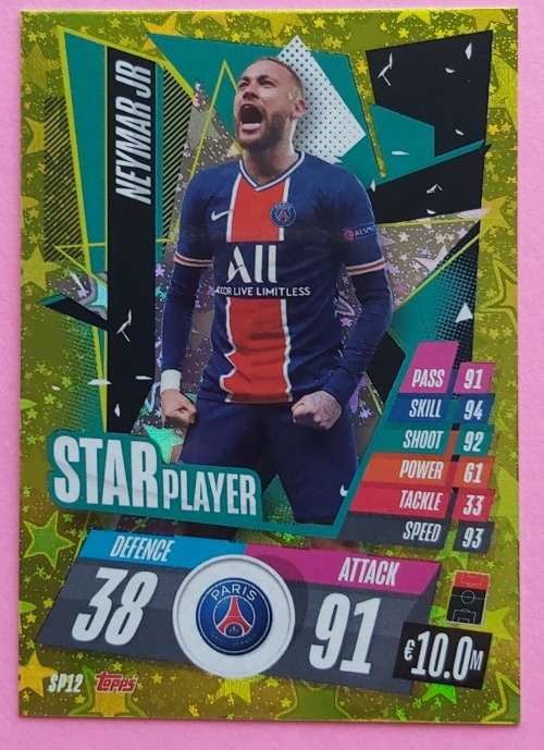 NEYMAR Jr (PSG) - TOPPS `CHAMPIONS LEAGUE` 2020/2021 - GOLD `STAR PLAYER` CARD SP12