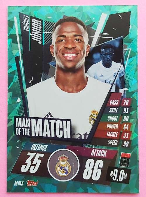 VINICIUS Jr (Real Madrid) - TOPPS `CHAMPIONS LEAGUE` 2020/2021 - GREEN `Man of the Match` CARD MM3