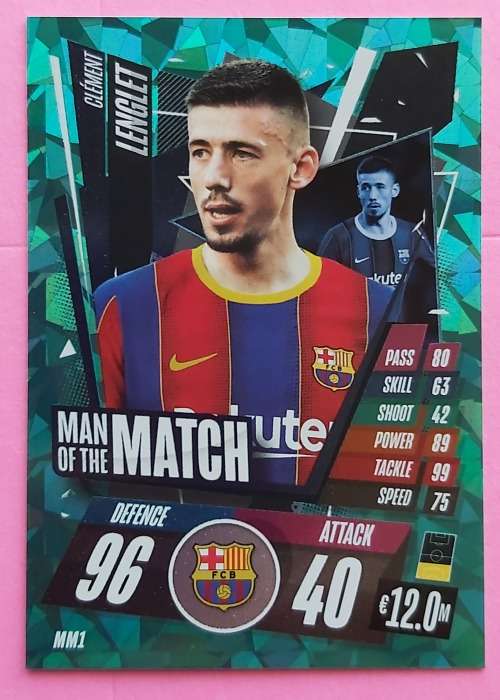 CLEMENT LENGLET (Barcelona) - TOPPS `CHAMPIONS LEAGUE` 2020/2021 - GREEN `Man of the Match` CARD