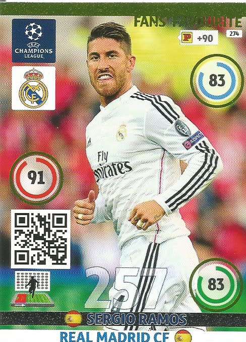 SERGIO RAMOS - PANINI `CHAMPIONS LEAGUE`  2014/15 - FOIL `FANS FAVOURITE` TRADING CARD