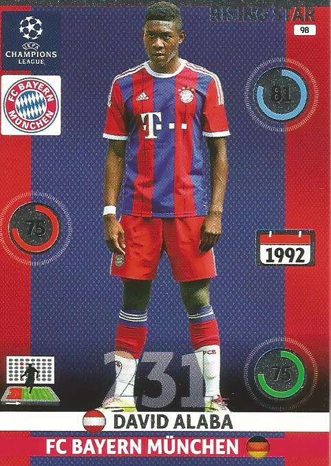 DAVID ALABA - PANINI `CHAMPIONS LEAGUE`  2014/15 - FOIL `RISING STAR` TRADING CARD