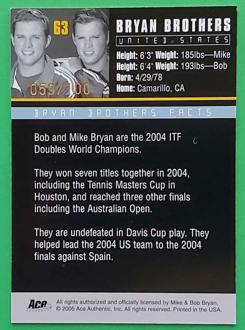 BRYAN BROTHERS - `ACE AUTHENTIC DEBUT 2005` Collection - GOLD `PARALLEL` TRADING CARD 59 of 100